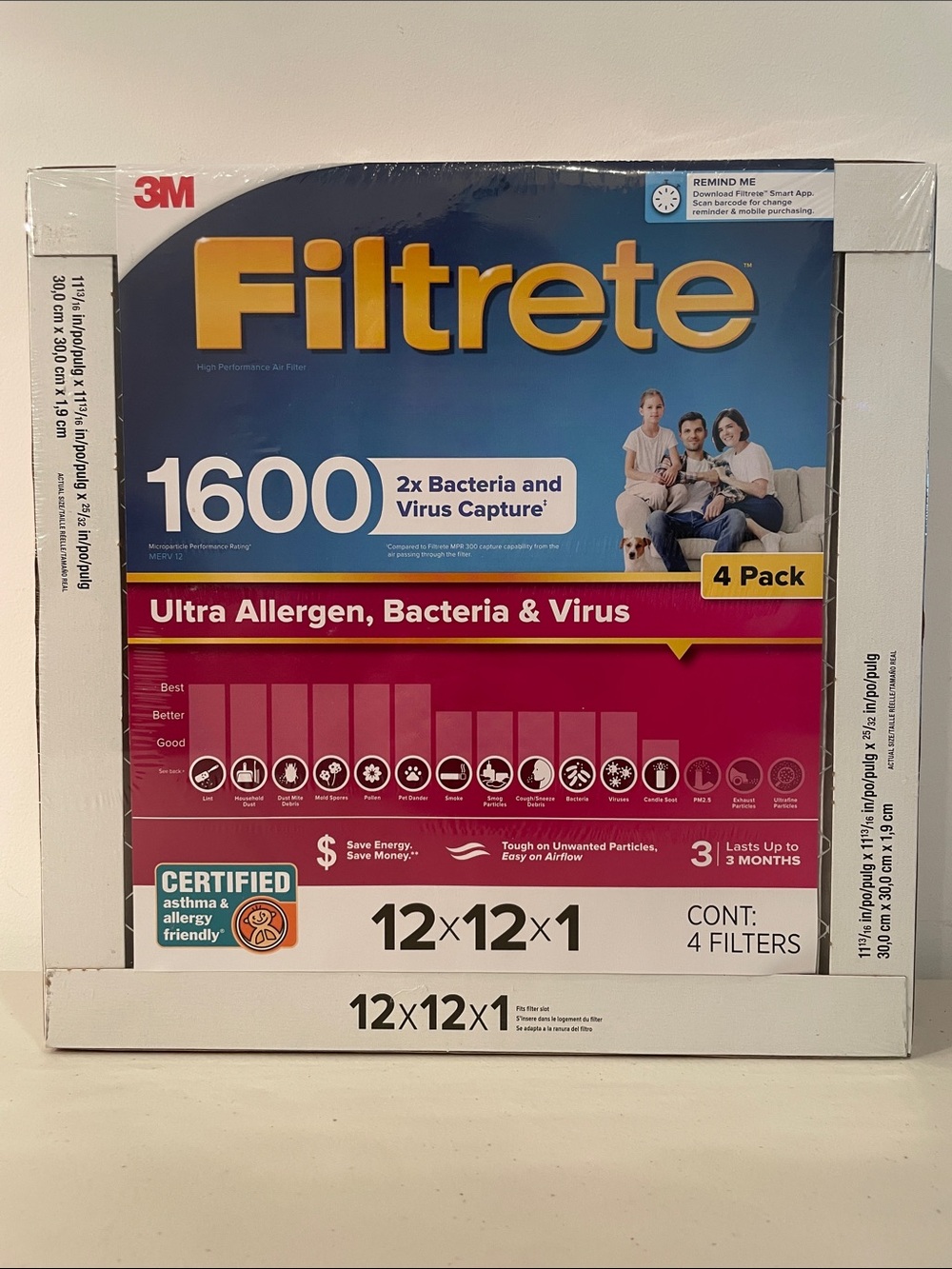 3M Filtrete 1600 Air Filter 12x12x1 MPR 1600 MERV 12 4-Pack NEW Sealed